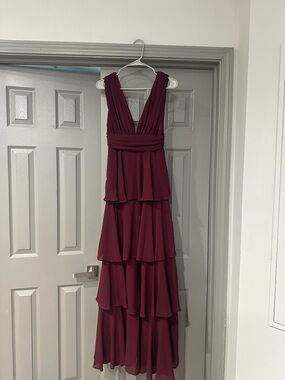 Sleeveless V-Neck Tiered Burgundy Maxi/Formal Dress